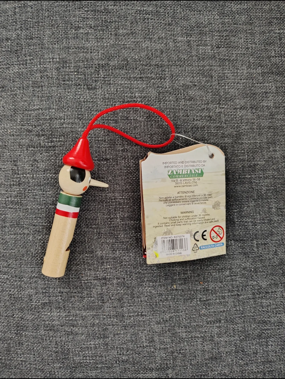 Pinocchio Wooden Whistle Toy - Red Hat